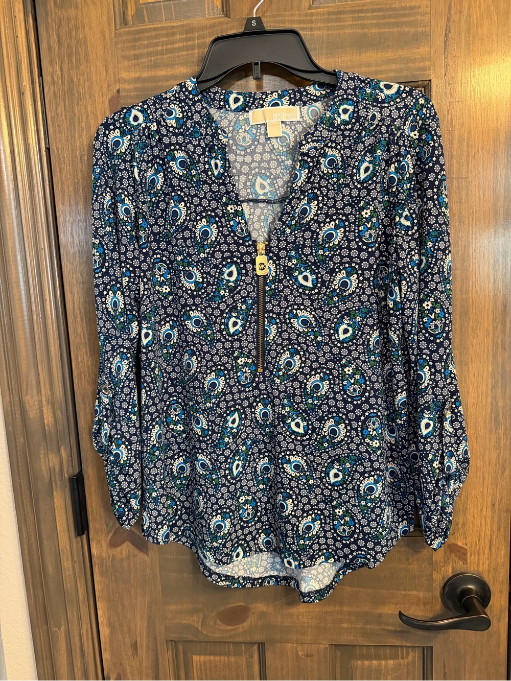 MICHAEL Michael Kors Navy and Teal Paisley Zip-Front Blouse